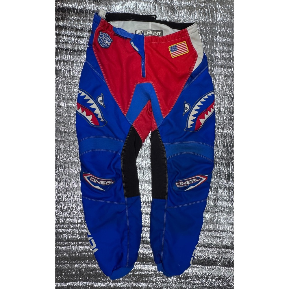 ONeal Element Series Motocross Racing Pants Blue Red Shark Mouth Adult 32